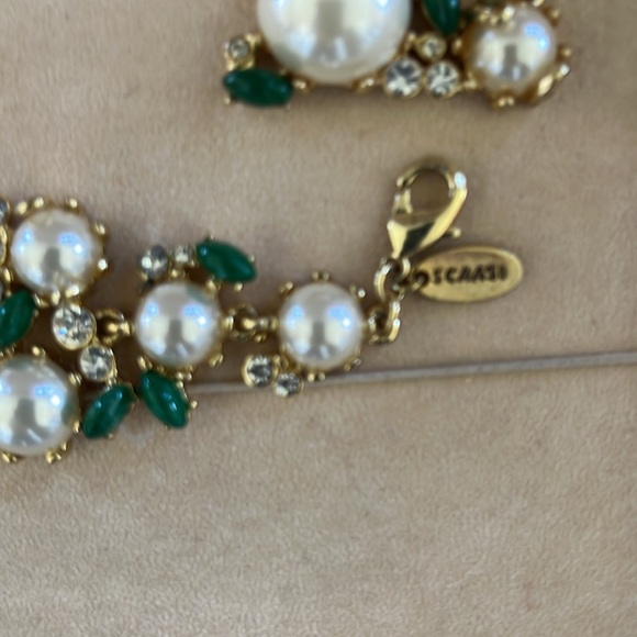Scaasi CN 80’s Runway Costume Bracelet Earrings Set Gold Tone “Pearl Emeralds” - Picture 3 of 4